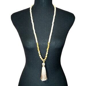 Long Wooden and Tassel Beaded Necklace 34" Boho Festival Natural Colors